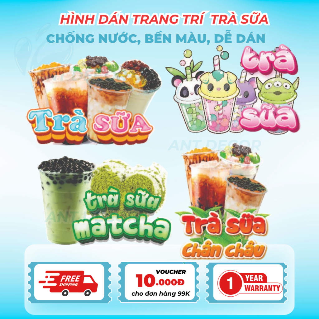 Decal TRÀ SỮA – Nhãn Dán Trang Trí Xe Bán Trà Sữa, Quầy Nước – Dễ Dán, Bền Đẹp, Chống Nước