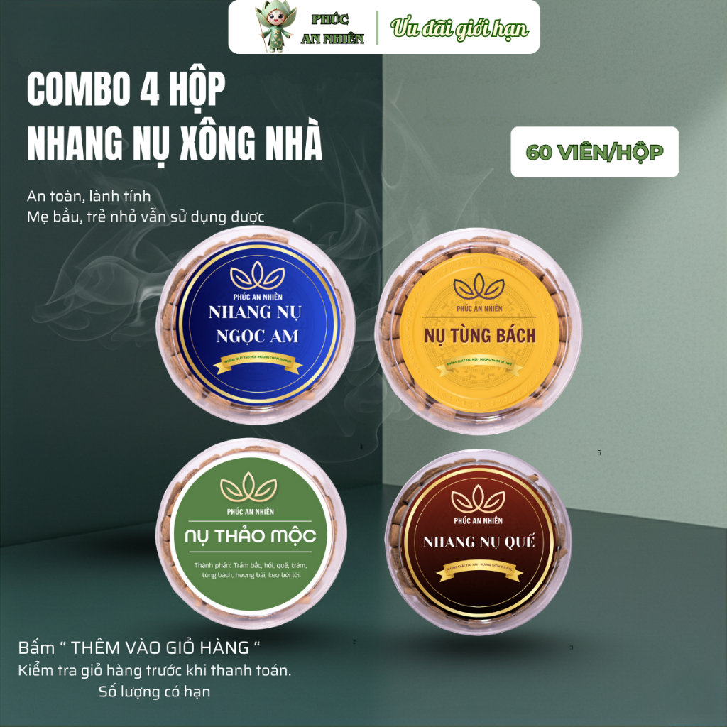 [Combo 4 Hộp] Nhang Nụ Phúc An Nhiên – Quế | Tùng | Ngọc Am | Thảo Mộc – Hương Dịu Nhẹ, Không Hóa Chất, Xông Nhà