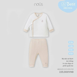 Bộ dài cài lệch Nous áo trắng in cáo đạp xe phối quần be