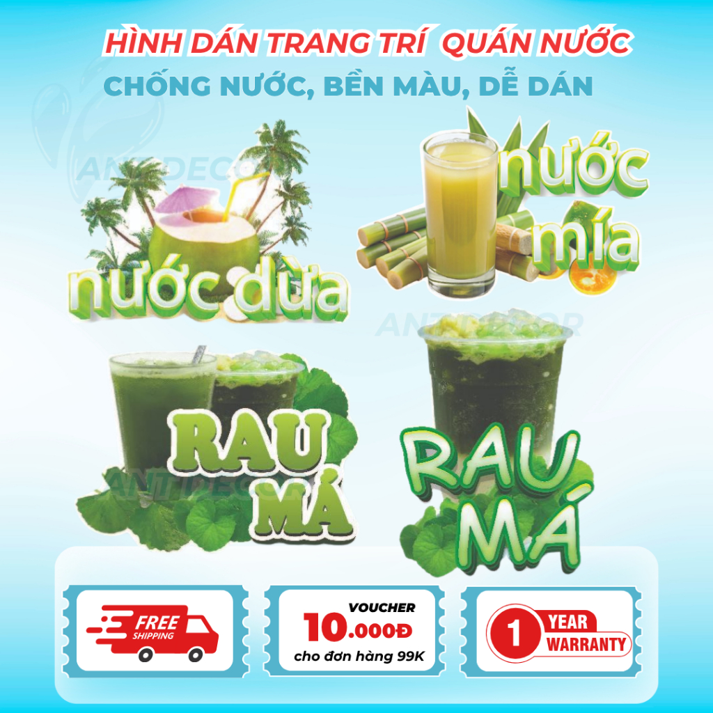 Decal Dán NƯỚC MÍA – RAU MÁ – NƯỚC DỪA – Nhãn Dán Trang Trí Xe Nước Giải Khát – Dễ Dán, Bền Đẹp, Chống Nước