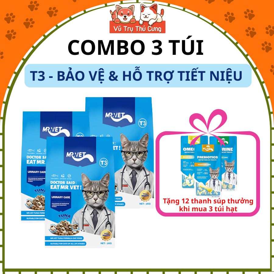 [COMBO 3 TÚI] Hạt Mr.Vet Topping Thịt Sấy Không Độn Ngũ Cốc, Hỗ Trợ Mượt Lông Da Cho Mèo