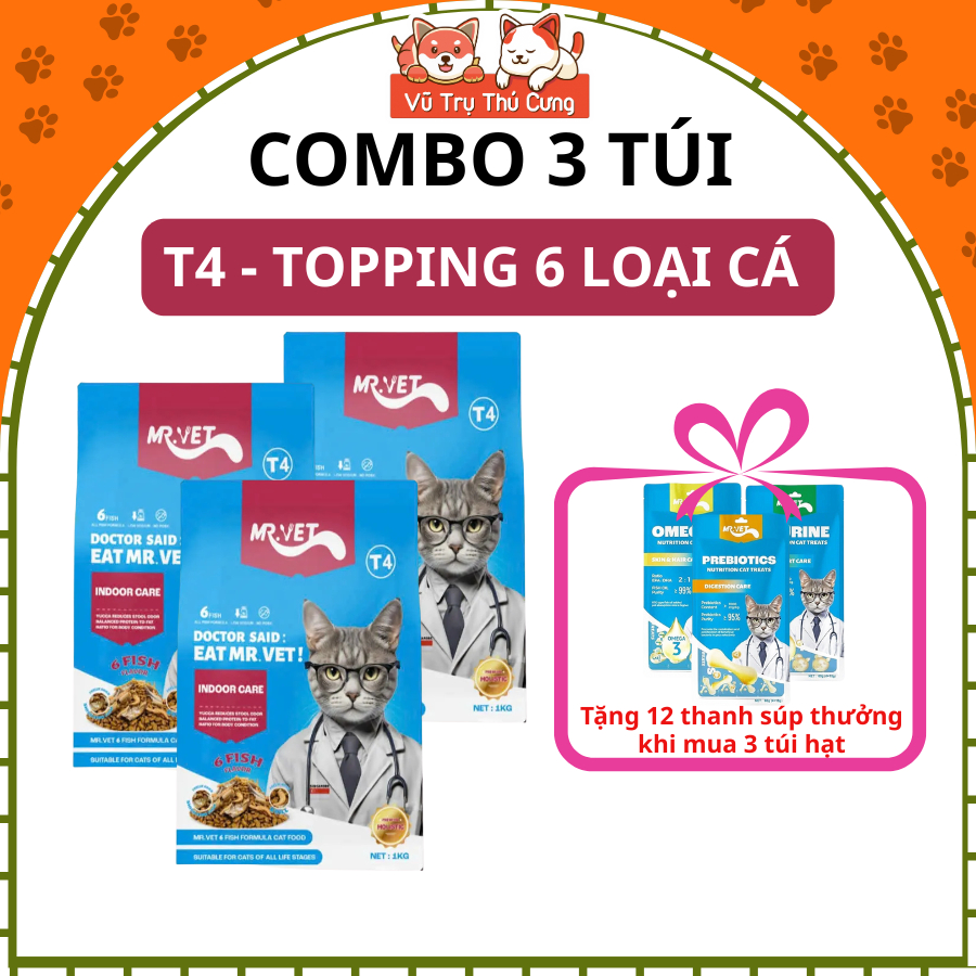 [COMBO 3 TÚI] Hạt Mr.Vet Topping Thịt Sấy Không Độn Ngũ Cốc, Hỗ Trợ Mượt Lông Da Cho Mèo