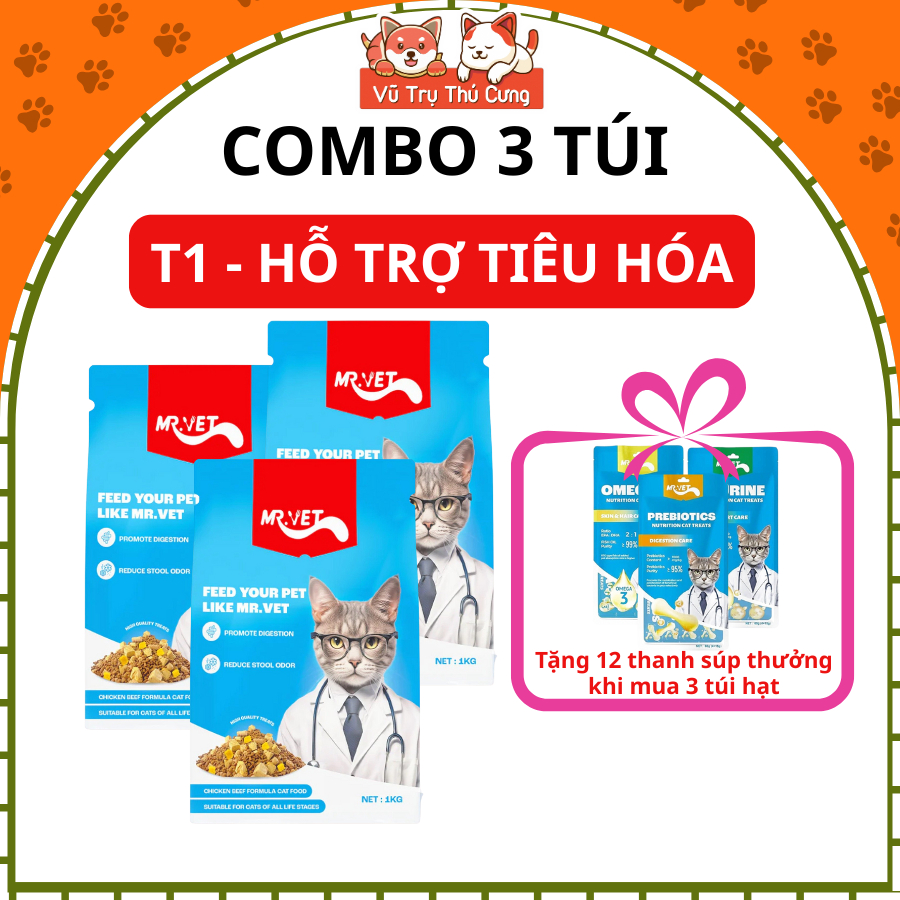 [COMBO 3 TÚI] Hạt Mr.Vet Topping Thịt Sấy Không Độn Ngũ Cốc, Hỗ Trợ Mượt Lông Da Cho Mèo