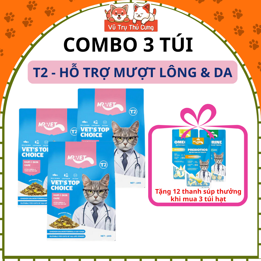 [COMBO 3 TÚI] Hạt Mr.Vet Topping Thịt Sấy Không Độn Ngũ Cốc, Hỗ Trợ Mượt Lông Da Cho Mèo