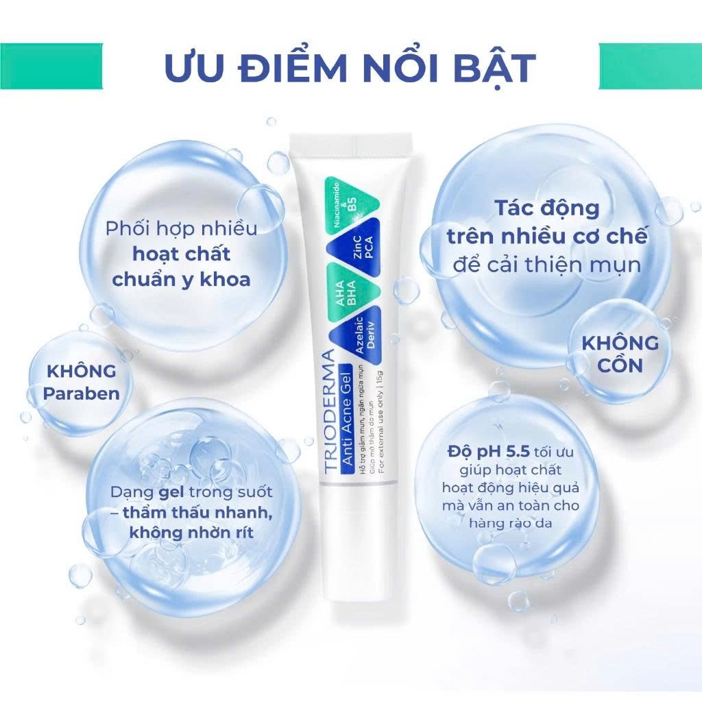 [ Trioderma ] Combo gel chấm mụn Anti Acne Gel 15g và serum giảm thâm Trioderma 30ml