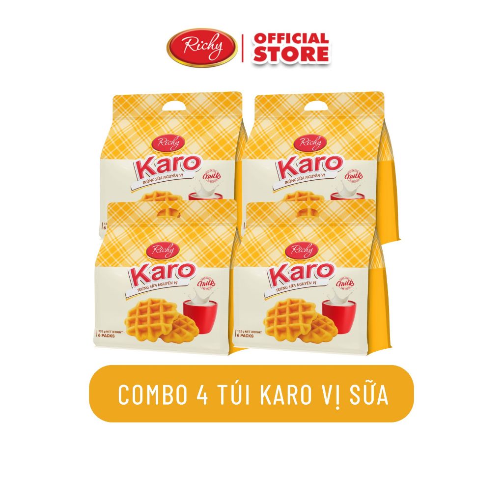 [Tặng quà đơn từ 129k]Combo 4 bịch Karo Sữa, VỊ nguyên bản, Karo Chà Bông Sợi Gà, Karo Phô Mai Hoàng Kim, Bánh Kẹo Ric