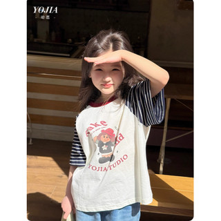 [B&G] Sét bộ áo thun cotton tay phối kẻ kèm quân jean dài mềm cho bé gái từ 10-45kg(2-12 tuổi)