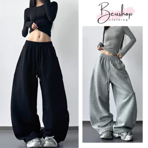Quần Nỉ Nữ 2 Da Xám Tiêu Cạp Chun Suông Ống Rộng Lưng Cao Quần Nỉ Unisex Ôm Eo Tôn Dáng BIGSIZE BEU