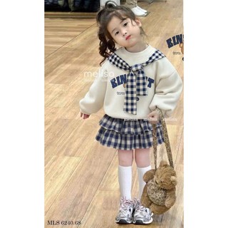 [B&G] Sét váy thu đông áo nỉ phối choàng cổ kèm chân váy kẻ 2 tầng cho bé gái từ 10-45kg