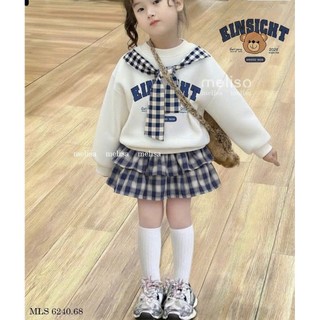 [B&G] Sét váy thu đông áo nỉ phối choàng cổ kèm chân váy kẻ 2 tầng cho bé gái từ 10-45kg