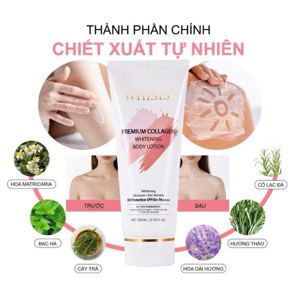 Kem body WHISIS Premium Collagen Whitening Body Lotion 200ml HQ SPF50+++ Chống Nắng Nâng Tone IS20