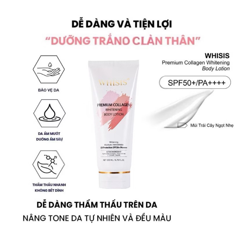 Kem body WHISIS Premium Collagen Whitening Body Lotion 200ml HQ SPF50+++ Chống Nắng Nâng Tone IS20