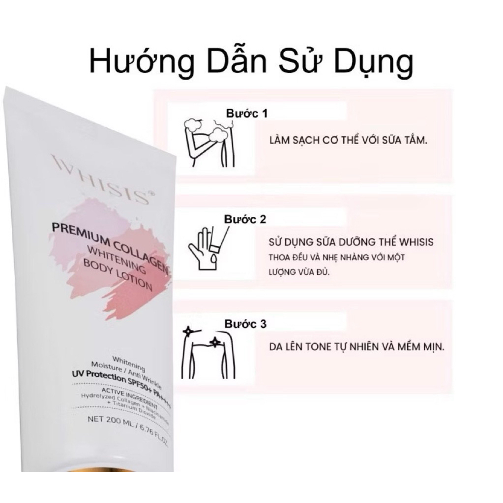 Kem body WHISIS Premium Collagen Whitening Body Lotion 200ml HQ SPF50+++ Chống Nắng Nâng Tone IS20