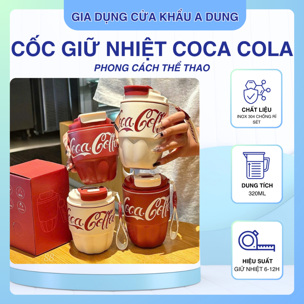Cốc Nước Giữ Nhiệt Coca - Cola Ly Inox 304 Chống Rỉ Sét Phong Cách Thể Thao 320ml Quà Tặng Giáng Sinh