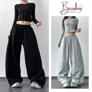 Quần Nỉ 2Da Ống Cong Nữ Cạp Chun Dây Rút Quần Nỉ Thu Đông Unisex Ôm Eo Phong Cách Năng Động Cá Tính