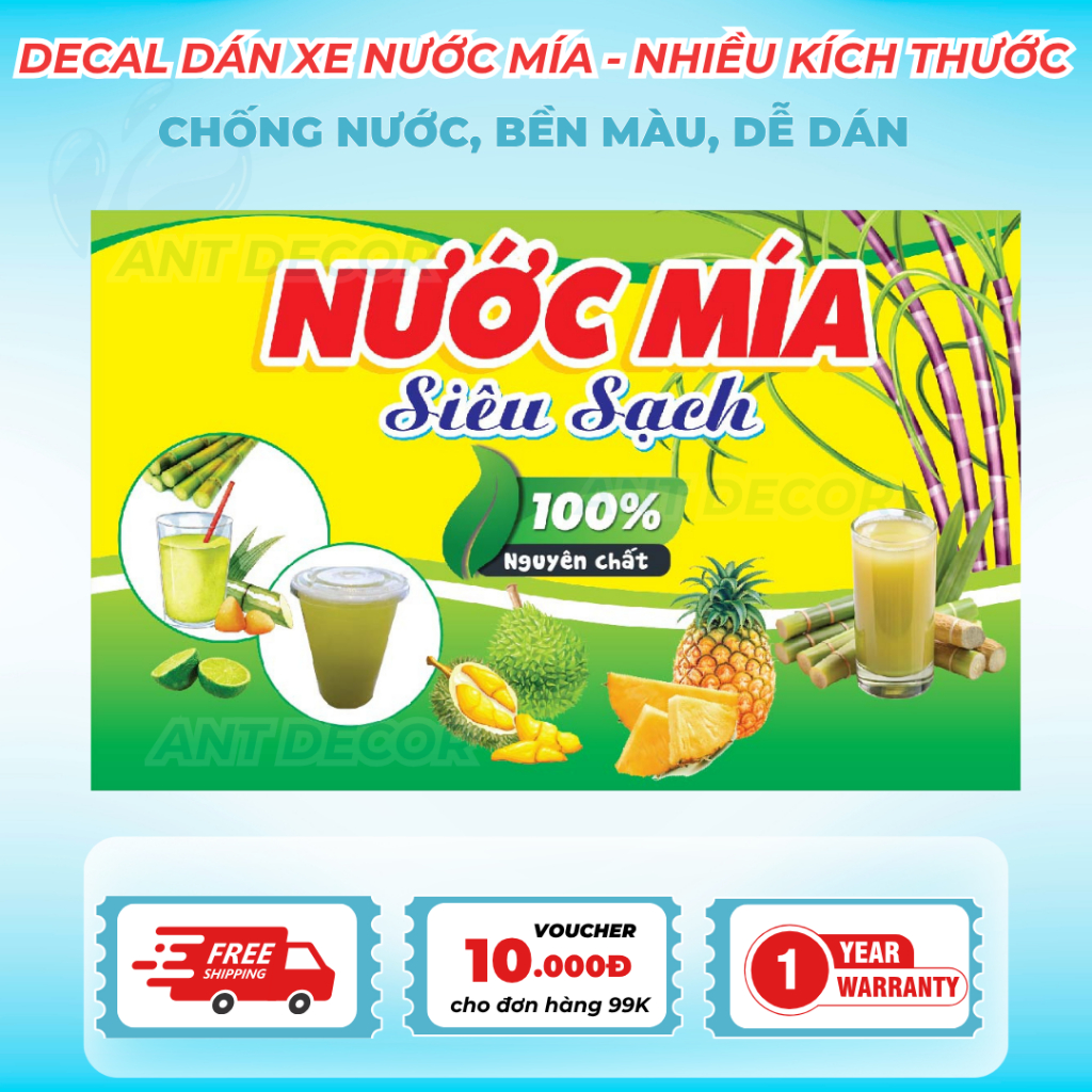 Decal dán sẵn có keo, NƯỚC MÍA NGUYÊN CHẤT trang trí cho MÁY ÉP NƯỚC MÍA có nhiều kích thước