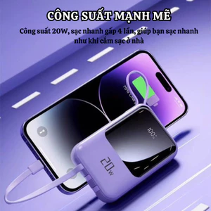 Pin dự phòng dung lượng cao 20000mAh có chức năng sạc nhanh và đi kèm cáp tự sạc USB.