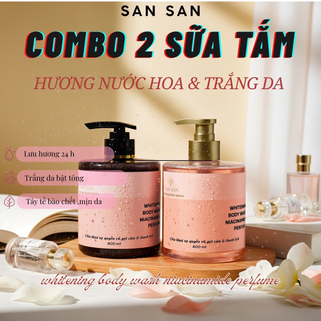 Sữa Tắm SAN SAN Trắng Da Hỗ Trợ Dưỡng Am Tẩy Da Chết Nước Hoa 400ml  Niacinamide Lưu Hương Lâu 6-8h.