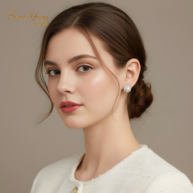 Mã BT10. Bông Tai ngọc Trai Nuôi Nước Ngọt Dày 8 Li Viên Hoa Đính Đá Cz Sáng Bóng. Forever Young Pearl