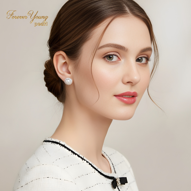 Mã BT10. Bông Tai ngọc Trai Nuôi Nước Ngọt Dày 8 Li Viên Hoa Đính Đá Cz Sáng Bóng. Forever Young Pearl