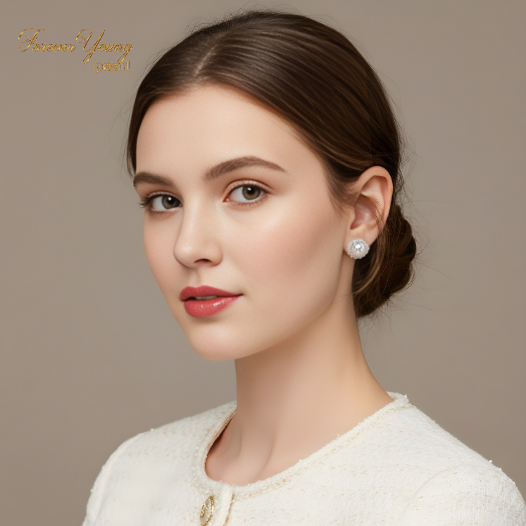 Mã BT10. Bông Tai ngọc Trai Nuôi Nước Ngọt Dày 8 Li Viên Hoa Đính Đá Cz Sáng Bóng. Forever Young Pearl