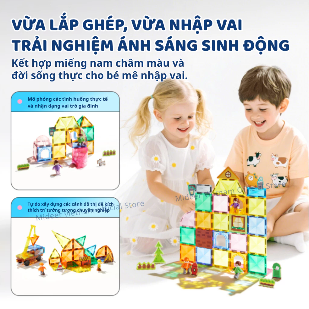 Xếp Hình Nam Châm lắp ráp Mideer Colorful Magnetic Tiles ghép hình nam châm ánh sáng