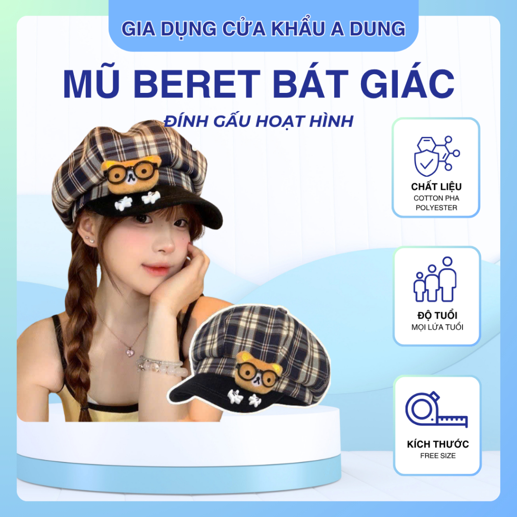 Mũ Beret Bát Giác Mũ Nồi Họa Tiết Hoạt Hình Dễ Thương Kẻ Sọc Mũ Nồi Nữ Phong Cách Hàn Quốc