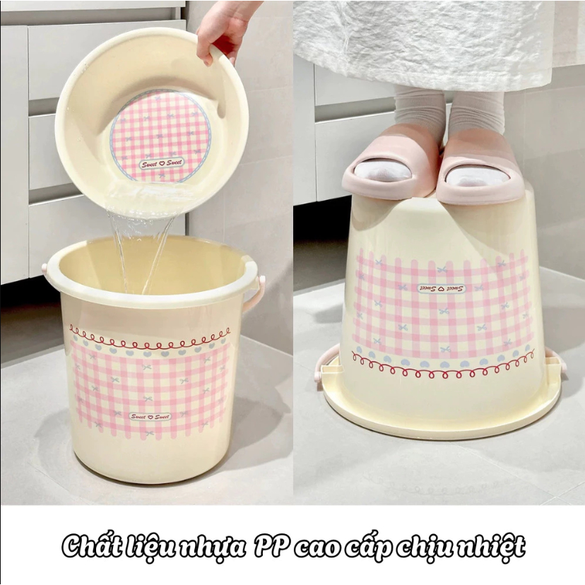 Xô Nhựa Có Quai Xách Kẻ Caro Dung Tích 14L, Chậu Nhựa Và Giỏ Xách Nhà Tắm
