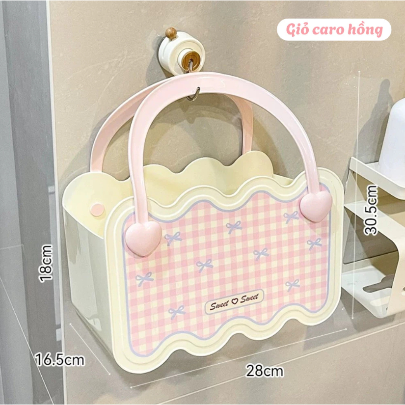 Xô Nhựa Có Quai Xách Kẻ Caro Dung Tích 14L, Chậu Nhựa Và Giỏ Xách Nhà Tắm