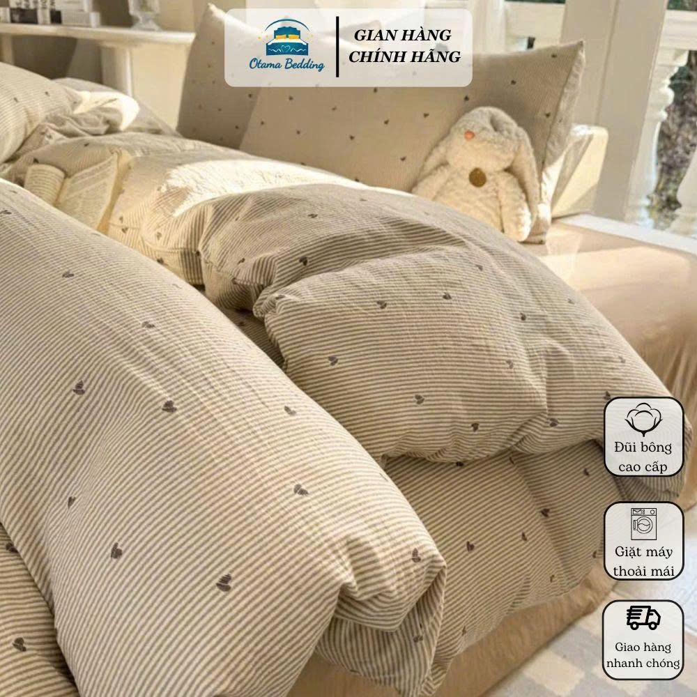 Bộ chăn ga gối 4 món cotton đũi vintage hoa nhí decor phòng drap nệm bo chun phủ Otama Bedding