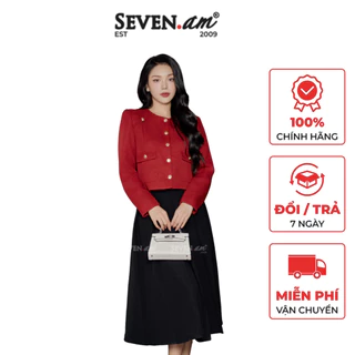 Áo khoác dạ đỏ cổ tròn dài tay phối cúc thời trang nữ Seven.AM OA0094I