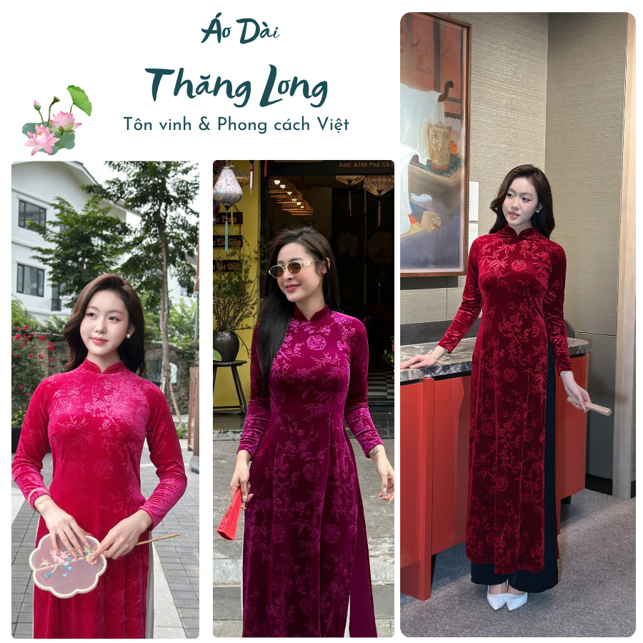 Áo dài truyền thống, Áo dài nhung hoa cho mẹ, chất liệu nhung tuyết in hoa sang trọng, áo dài nữ, áo dài cổ trụ 2.5cm