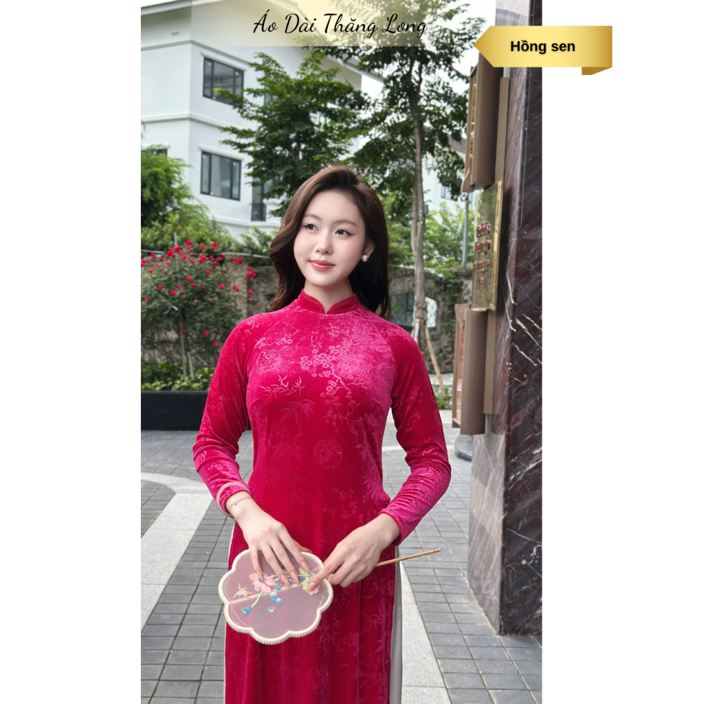 Áo dài truyền thống, Áo dài nhung hoa cho mẹ, chất liệu nhung tuyết in hoa sang trọng, áo dài nữ, áo dài cổ trụ 2.5cm