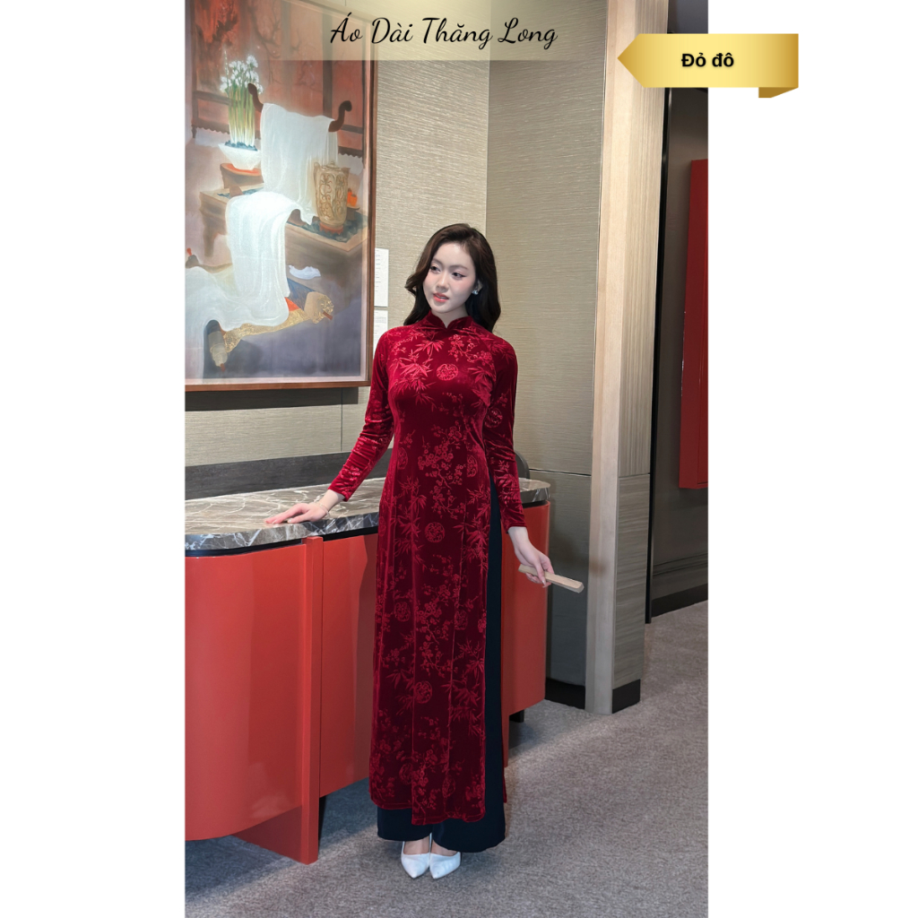 Áo dài truyền thống, Áo dài nhung hoa cho mẹ, chất liệu nhung tuyết in hoa sang trọng, áo dài nữ, áo dài cổ trụ 2.5cm