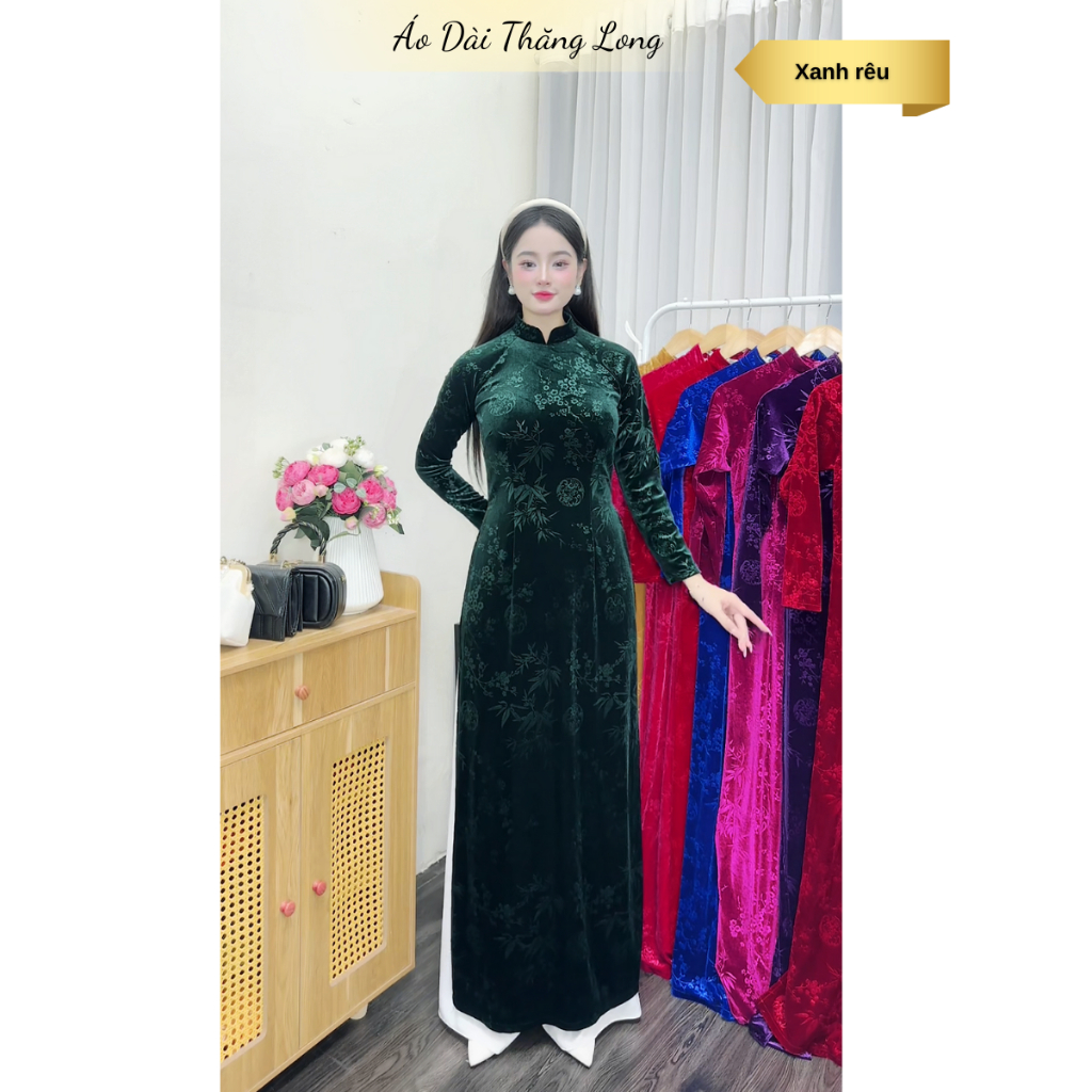 Áo dài truyền thống, Áo dài nhung hoa cho mẹ, chất liệu nhung tuyết in hoa sang trọng, áo dài nữ, áo dài cổ trụ 2.5cm