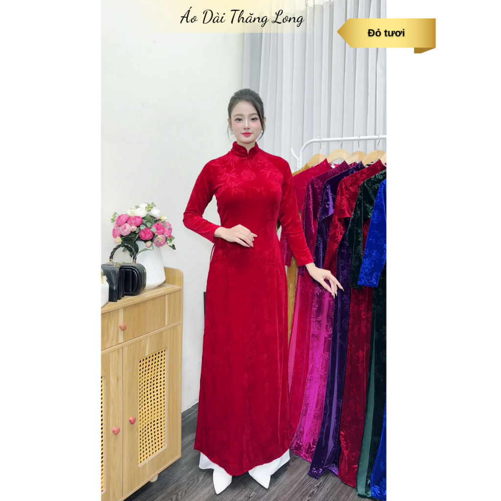 Áo dài truyền thống, Áo dài nhung hoa cho mẹ, chất liệu nhung tuyết in hoa sang trọng, áo dài nữ, áo dài cổ trụ 2.5cm