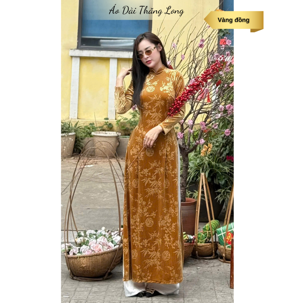 Áo dài truyền thống, Áo dài nhung hoa cho mẹ, chất liệu nhung tuyết in hoa sang trọng, áo dài nữ, áo dài cổ trụ 2.5cm