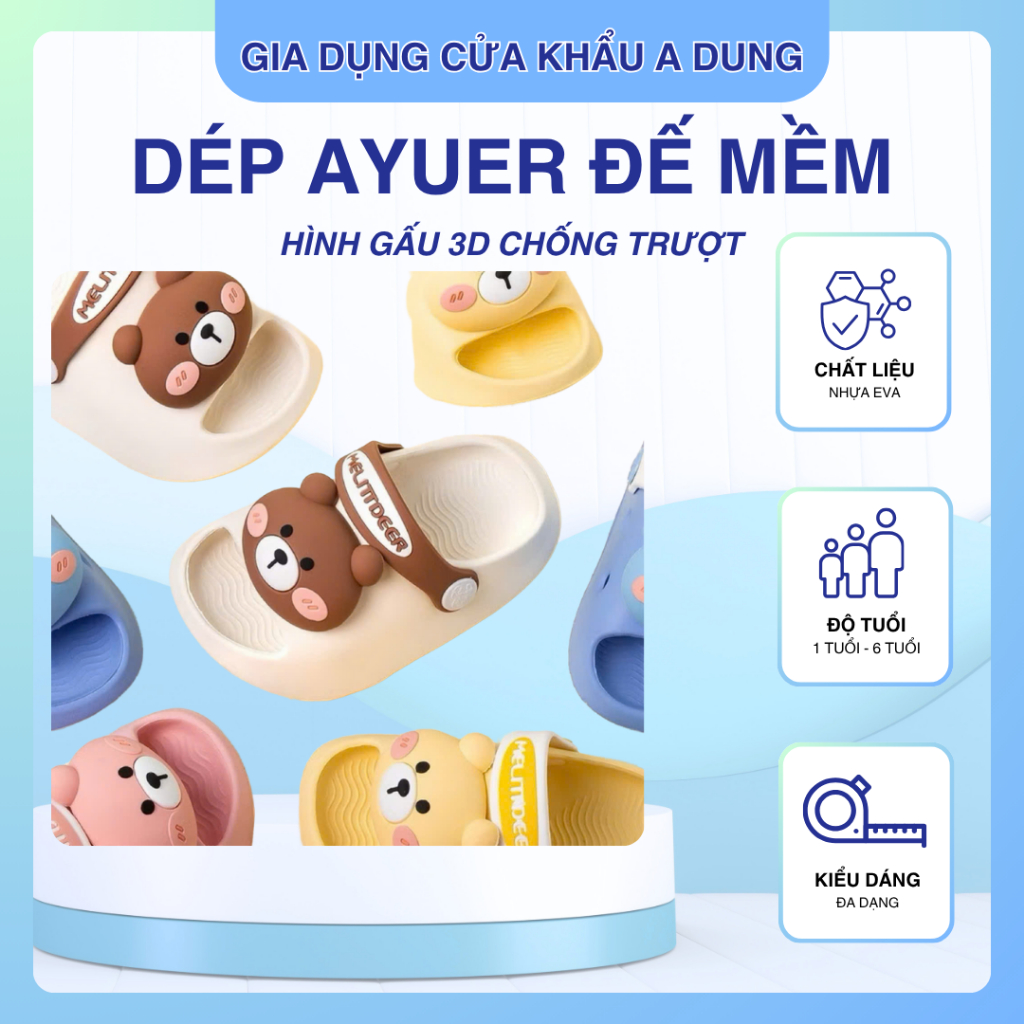 Dép AYUER đế mềm hình gấu 3D chống trượt Dép đi trong nhà đi học dành cho trẻ em 1-6 tuổi