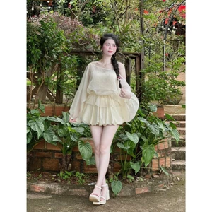 set váy 3 món style bánh bèo dễ thương, áo ren 2 dây kèm áo tơ ngoài mỏng nhẹ + chân váy bí siêu cute