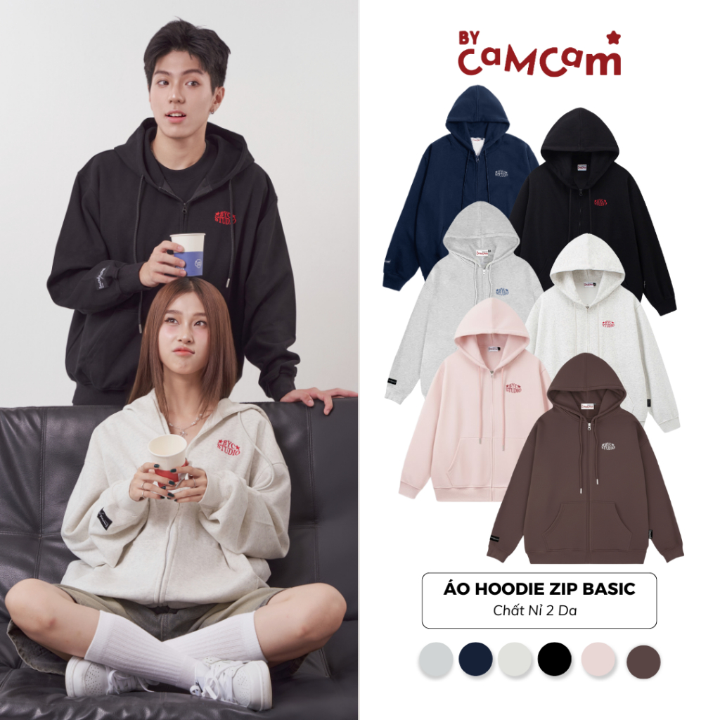 Áo Hoodie Zip Basic 𝑩𝒚𝒄𝒂𝒎𝒄𝒂𝒎 Vải Nỉ 2 Da Chống Nắng Tốt Form Rộng Nam Nữ Unisex AHOD002