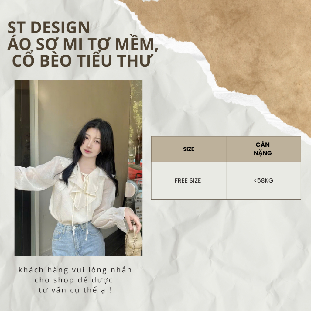 Áo sơ mi dài tay hàng thiết kế chất tơ mềm tay phồng cổ viền tiểu thư ST Design-05