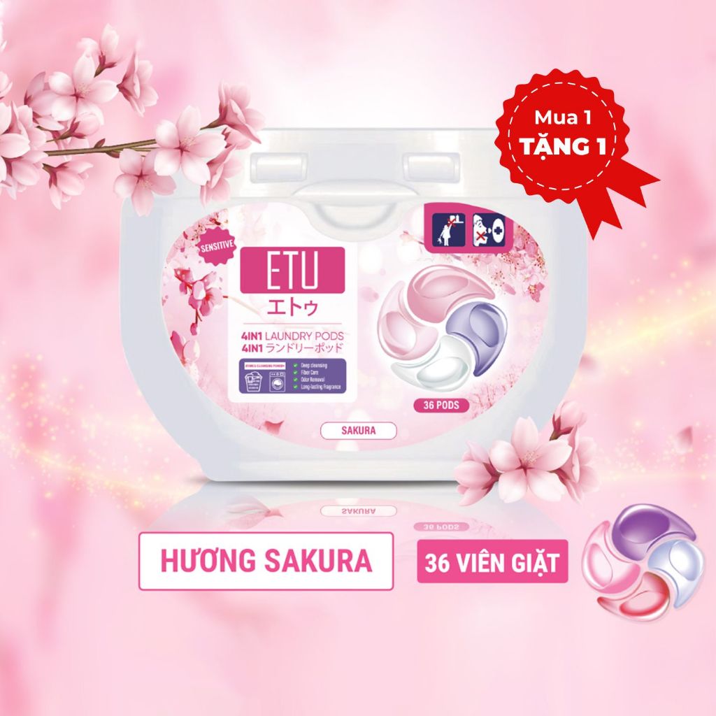 Viên Giặt ETU 4In1 Hương Sakura Hoa Anh Đào - Thơm Sạch Dịu Cho Trẻ Em/Da Nhạy Cảm, Mềm Vải