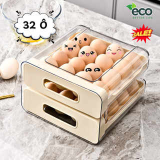 [SẴN] Hộp Khay Đựng Trứng 2 Tầng Có Nắp Đậy, Khay Đựng Trứng Tủ Lạnh 32 Ô Thiết Kế Ngăn Kéo Tiện Lợi