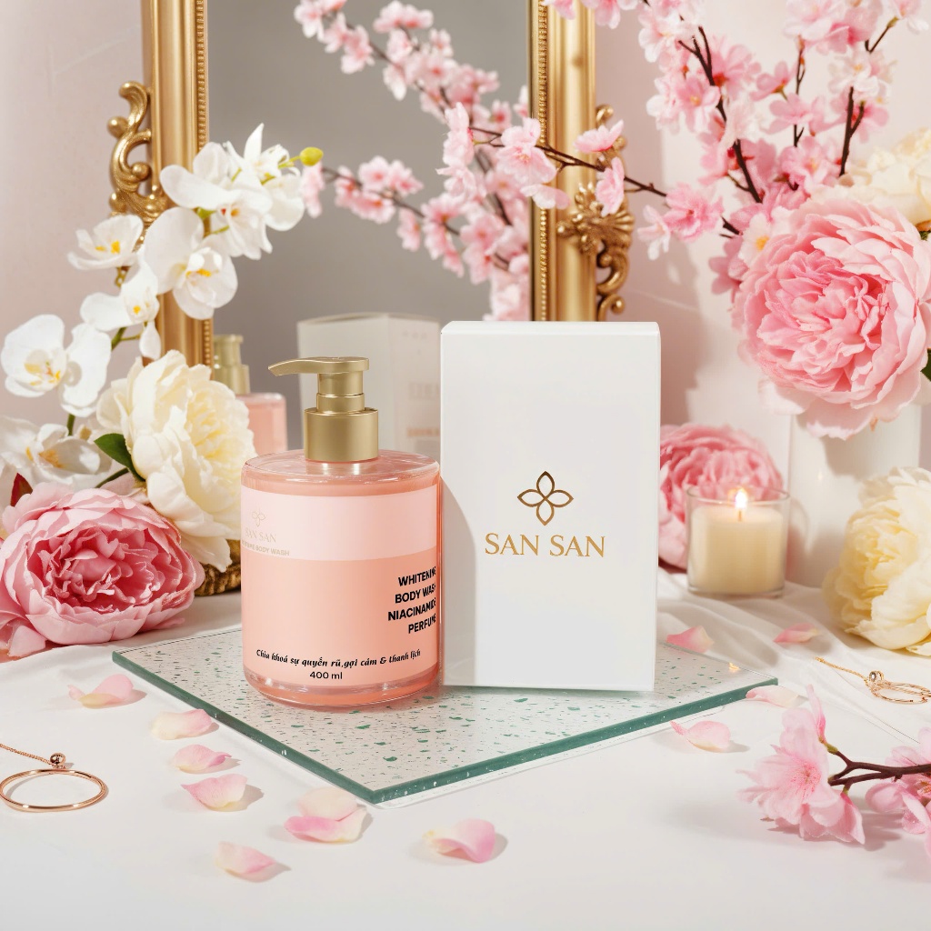 Sữa Tắm SAN SAN Trắng Da Hỗ Trợ Dưỡng Am Tẩy Da Chết Nước Hoa 400ml  Niacinamide Lưu Hương Lâu 6-8h.