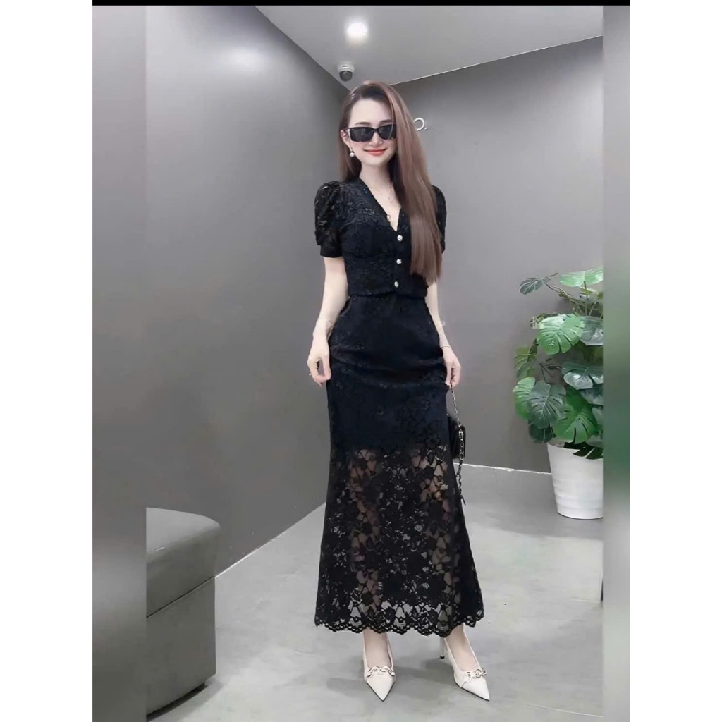 Sét Đầm Ren Tay Lỡ Cổ Tim Nút Ngọc – Thiết Kế Sang Trọng, Tôn Dáng, Ren Cao Cấp