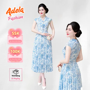 Váy Dáng Xòe Công Sở Dự Tiệc Cổ Sơ Mi Tay Ngắn Chiết Eo Tôn Dáng Chất Lụa Hàn MDU4033 | ADELA SHOP