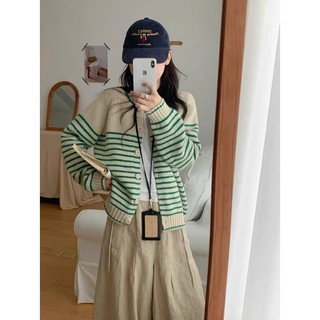 Áo cardigan len nữ cổ tròn kẻ ngang dáng rộng phong cách Hàn Quốc Quảng Châu form đẹp Aolen1312