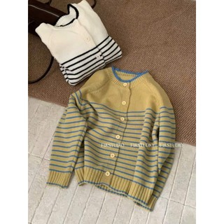 Áo cardigan len nữ cổ tròn kẻ ngang dáng rộng phong cách Hàn Quốc Quảng Châu form đẹp Aolen1312