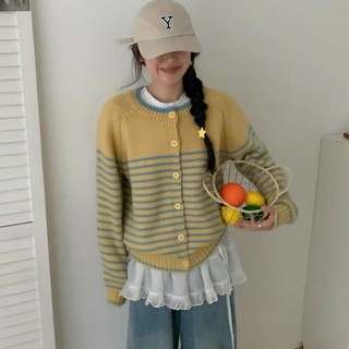 Áo cardigan len nữ cổ tròn kẻ ngang dáng rộng phong cách Hàn Quốc Quảng Châu form đẹp Aolen1312