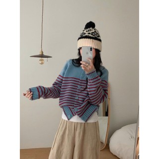 Áo cardigan len nữ cổ tròn kẻ ngang dáng rộng phong cách Hàn Quốc Quảng Châu form đẹp Aolen1312